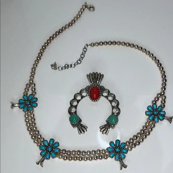 NWOT Carolyn Pollack Sterling Silver Squash Blossom Designer Necklace Earrings - Picture 3 of 12